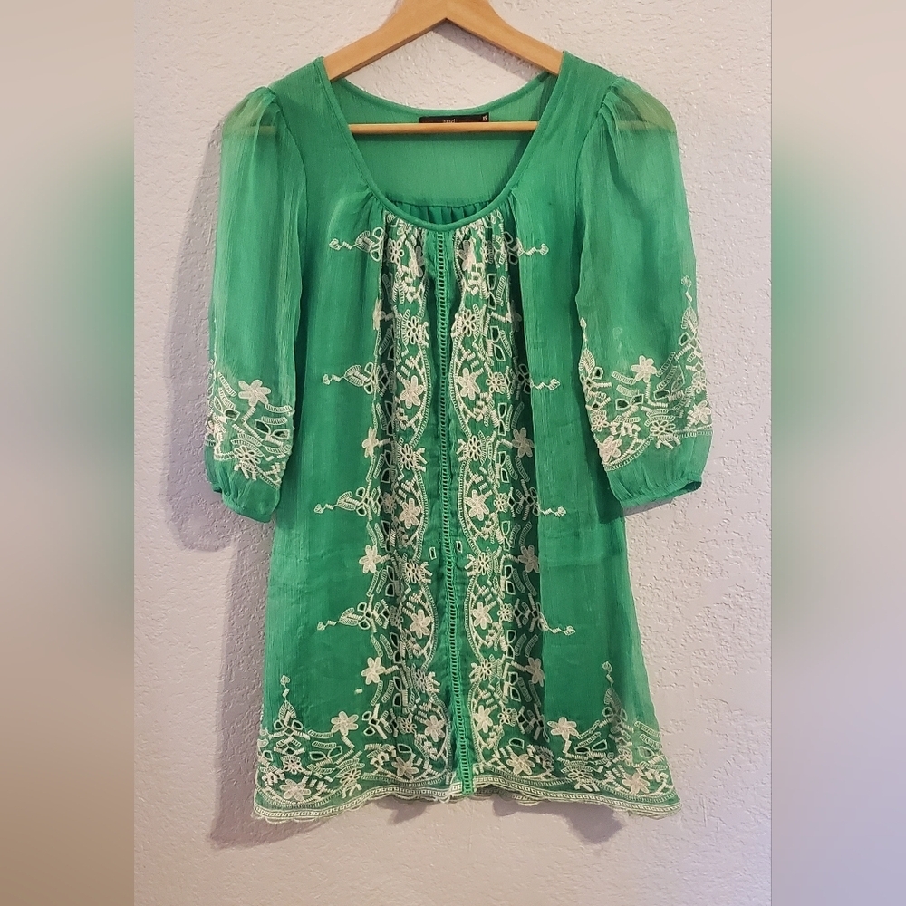 Hazel Green & White Crochet Embroidered Boho Mini Dress Size XS Small